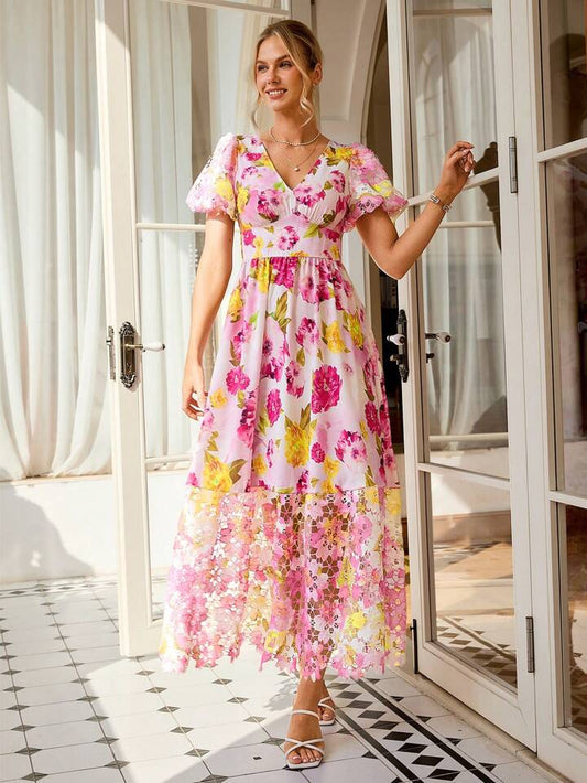 CM-DS161110 Women Trendy Bohemian Style V-Neck Short Sleeve Floral Print Lace Patchwork Dress