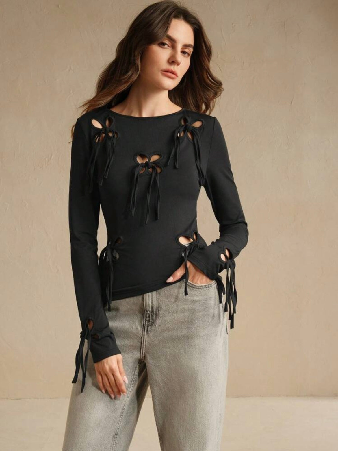 CM-TS190703 Women Casual Seoul Style Elastic Hollow Out Twist Long Sleeve T-Shirt - Black
