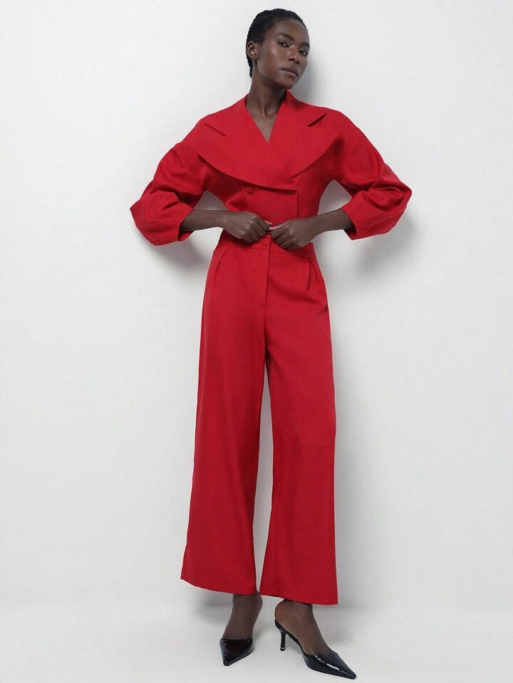 CM-SS109118 Women Elegant Seoul Style Lapel Neckline Lantern Sleeve Crop Blazer With Pants Suit - Red