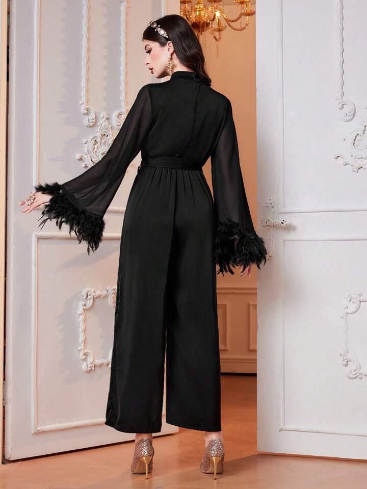 CM-JS993712 Women Elegant Seoul Style Stand Collar Fuzzy Fabric Flared Sleeve Jumpsuit - Black