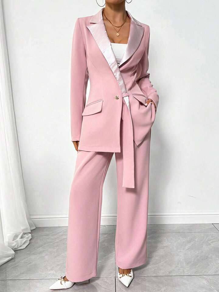 CM-SS787138 Women Elegant Seoul Style Colorblock Lapel Neckline Long Sleeve Blazer Jacket With Pants Suit - Pink