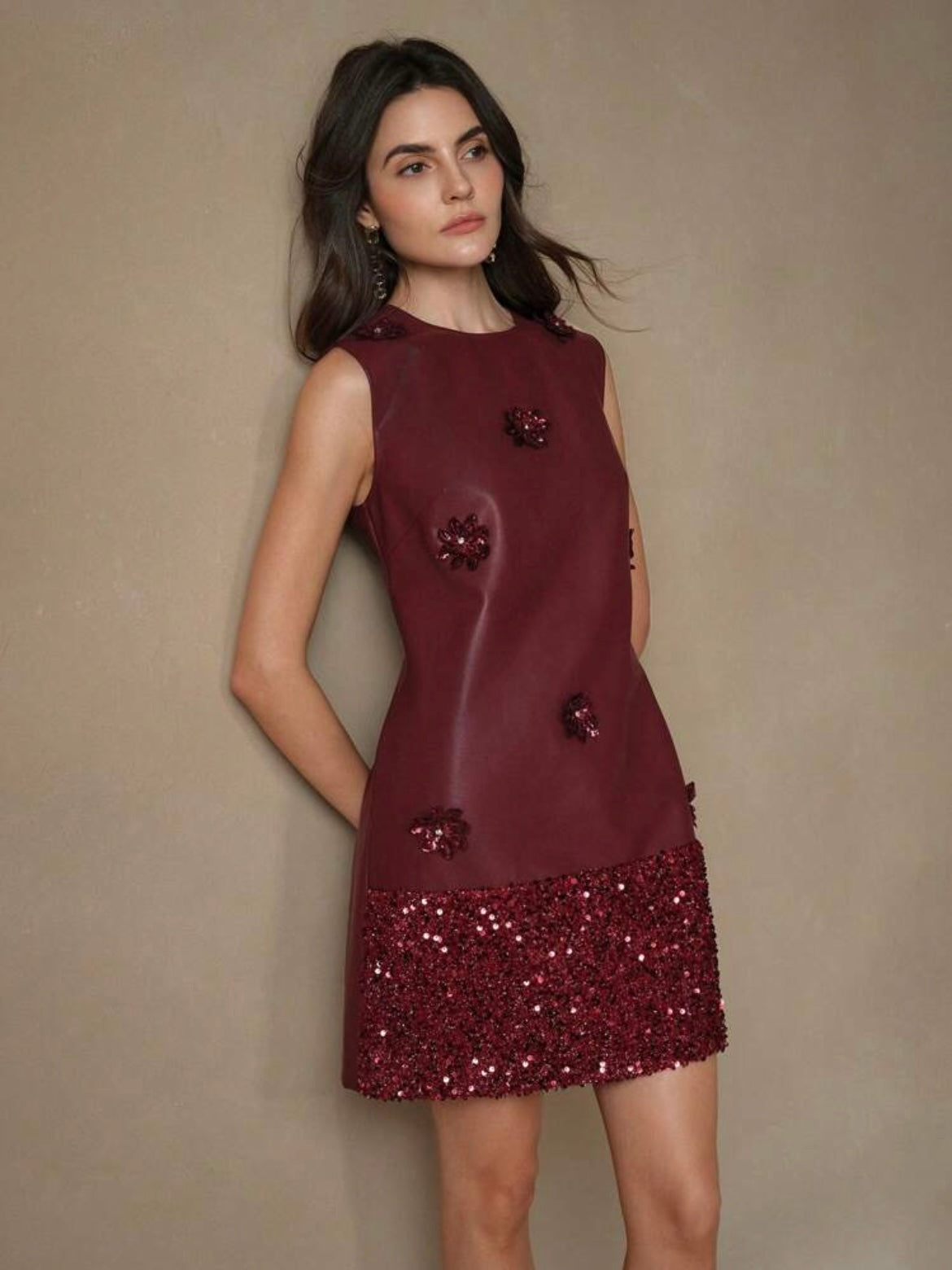 CM-DS187027 Women Elegant Seoul Style Sequin Panel Floral Lace Trim Round Neck Short PU Dress - Burgundy