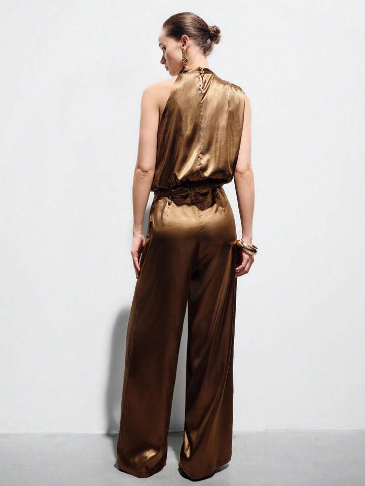 CM-SS263310 Women Elegant Seoul Style Sleeveless Drawstring Vest With Loose Straight Leg Pants - Set