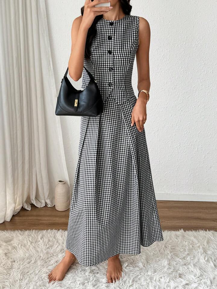 CM-SS888943 Women Trendy Bohemian Style Round Neck Sleeveless Checkered Vest With Pleated Skirt - Set