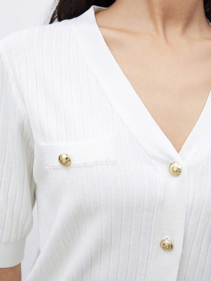 CM-TS513431 Women Casual Seoul Style V-Neck Short Sleeve Button Front Knit Blouse - White