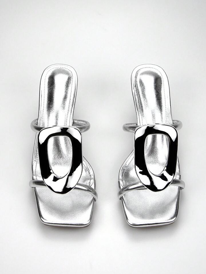 CM-SHS263007 Women Trendy Seoul Style Metallic Buckle Decor Open Toe Mid Heel Mules - Silver