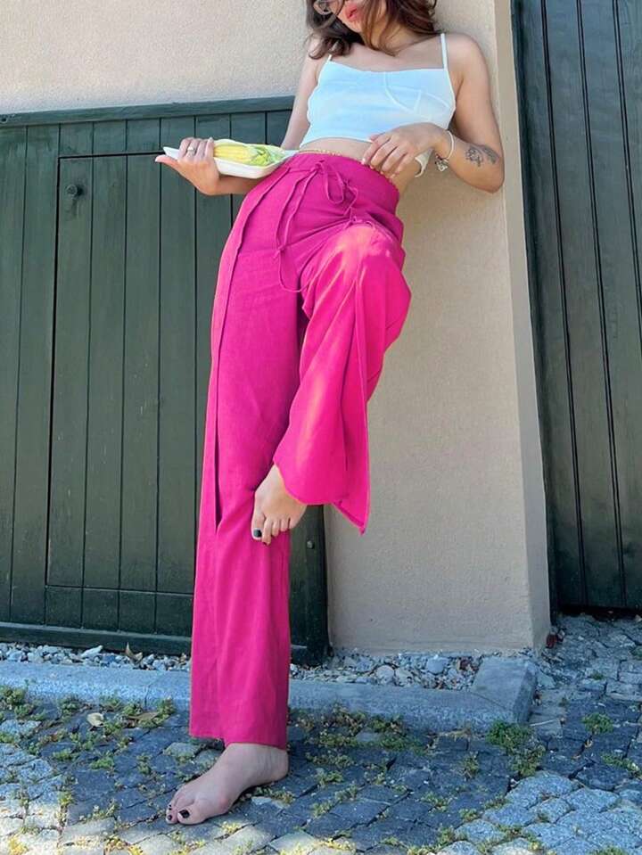 CM-BS148745 Women Trendy Bohemian Style High Silt Straight Leg Pants - Hot Pink