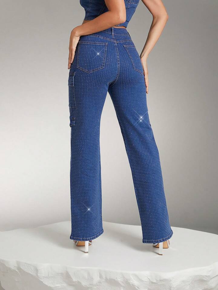 CM-BS698800 Women Elegant Seoul Style Rhinestone Flap Pocket Side Cargo Mid Ride Jeans - Blue