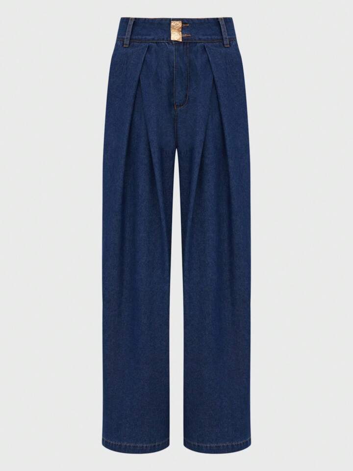CM-BS622223 Women Casual Seoul Style Dark Wash High Waisted Baggy Wide Leg Jeans