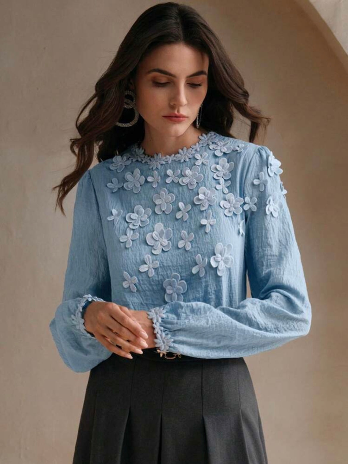 CM-TS969793 Women Elegant Seoul Style Embellished Textural Floral Lantern Sleeve Blouse - Blue