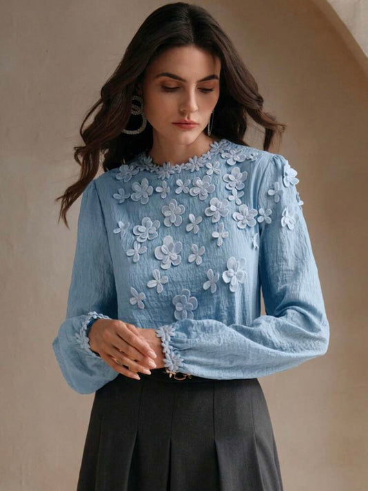 CM-TS969793 Women Elegant Seoul Style Embellished Textural Floral Lantern Sleeve Blouse - Blue