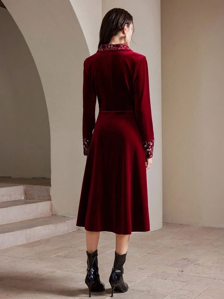 CM-DS682190 Women Retro Seoul Style Velvet Floral Embroidered Turn-Down Collar Long Dress - Burgundy
