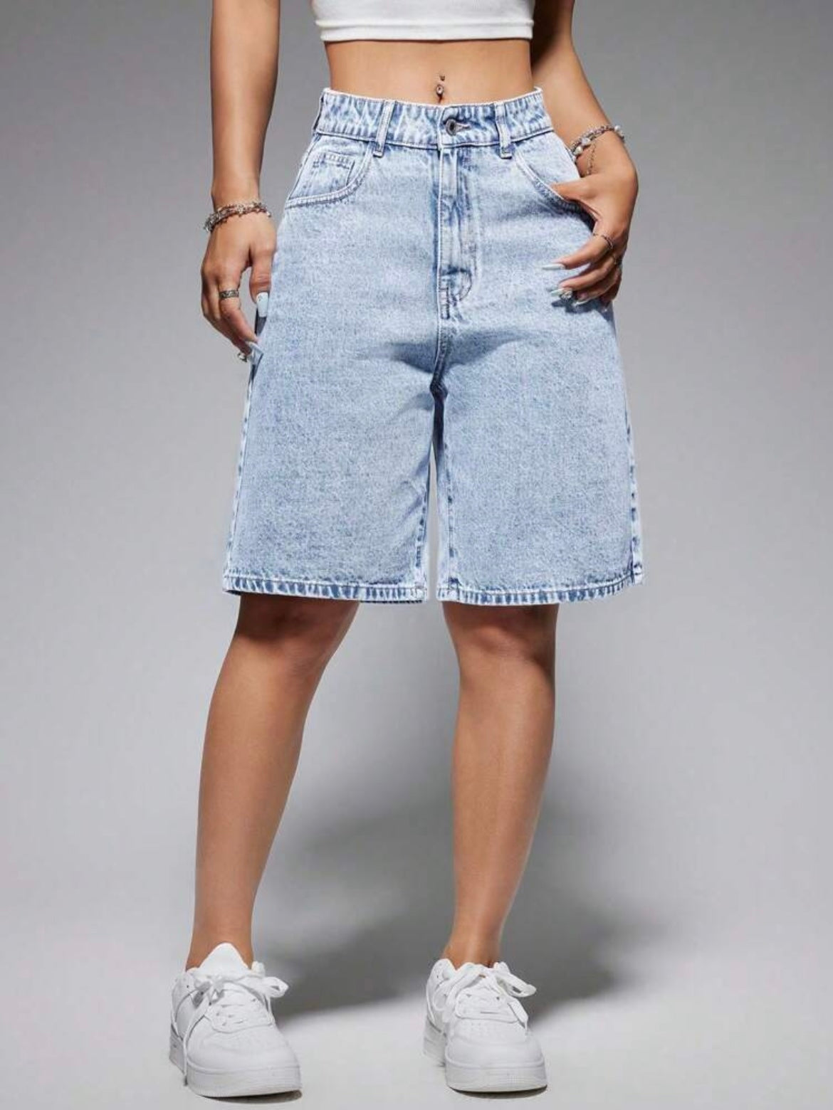 CM-BS411976 Women Casual Seoul Style Light Wash High Waist Bermuda Denim Shorts