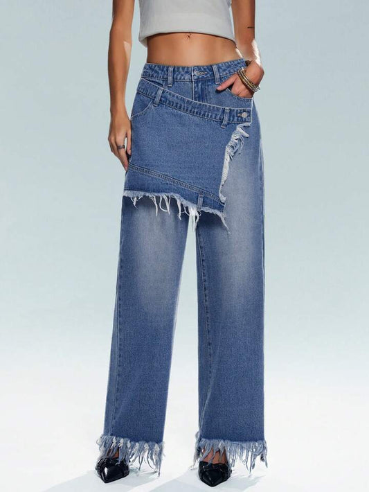 CM-BS899655 Women Casual Seoul Style Mid Waist Patchwork Frayed Hem Wide Leg Jeans - Blue