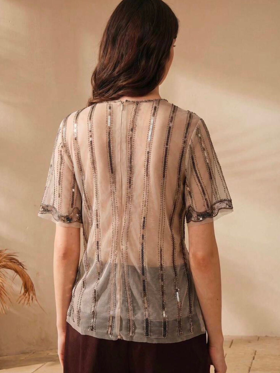 CM-TS017299 Women Elegant Seoul Style Round Neck Short Sleeve Contrast Sequin Patchwork Top - Apricot