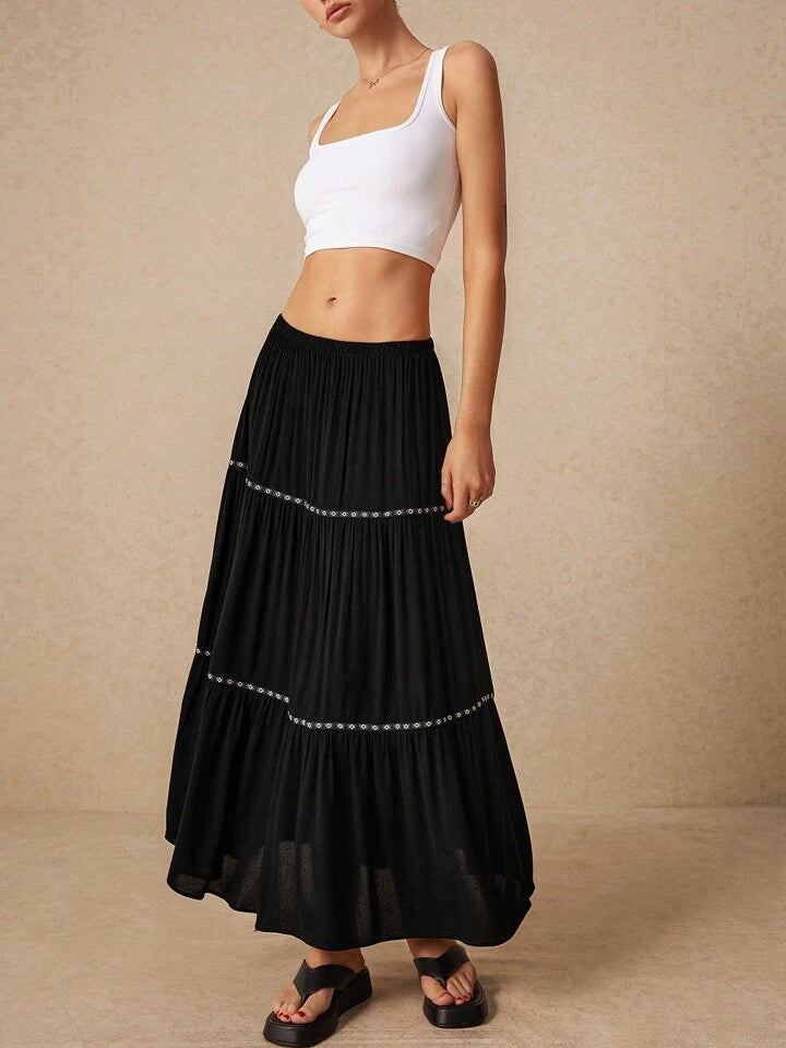 CM-BS838733 Women Trendy Bohemian Style Elastic Waist Patchwork Geometric Long Skirt - Black