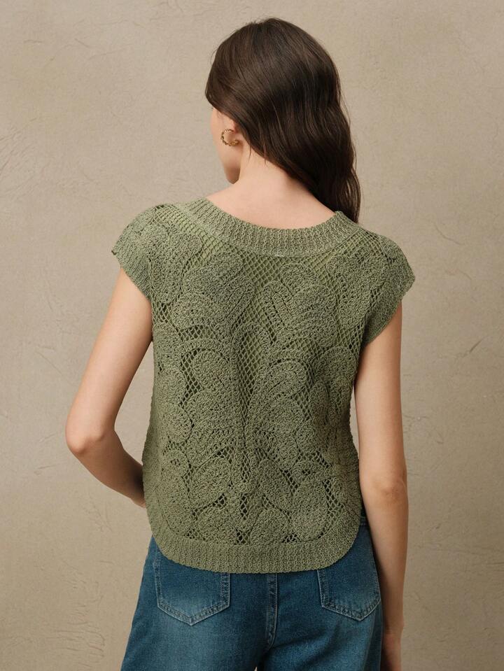 CM-TS420906 Women Casual Seoul Style Hollow Embroidered Round Neck Sleeveless Knit Top - Army Green