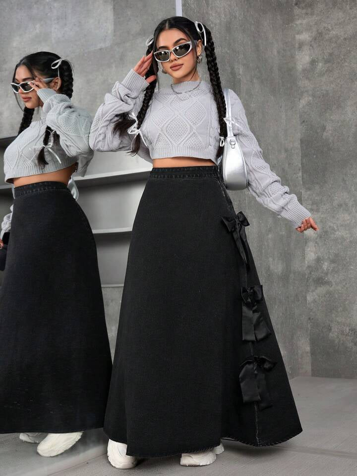 CM-BS823825 Women Casual Seoul Style Lace Up Bow Decor Loose Denim Skirt - Black