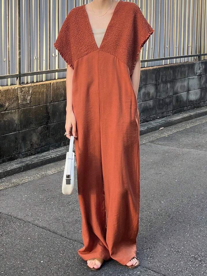 CM-JS607700 Women Trendy Bohemian Style V-Neck With Drawstring Jumpsuit Trousers - Orange