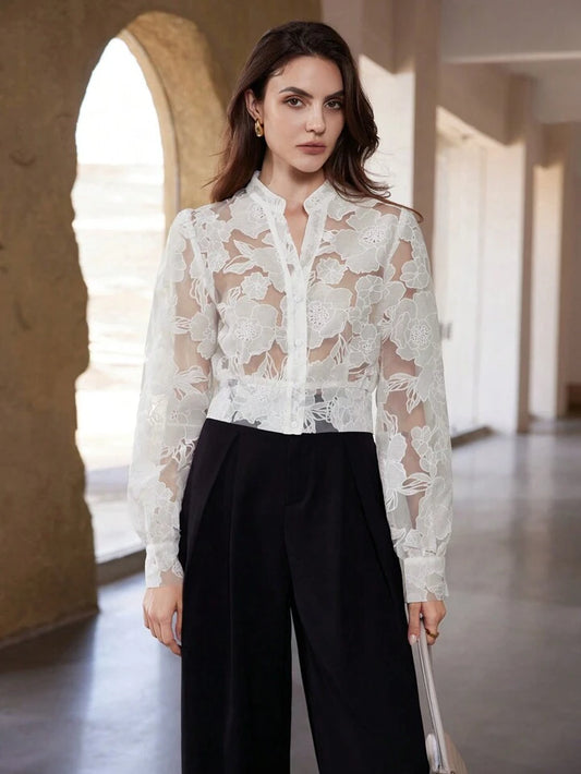 CM-TS600717 Women Elegant Seoul Style V-Neck Sheer Geometric Long Sleeve Blouse - White