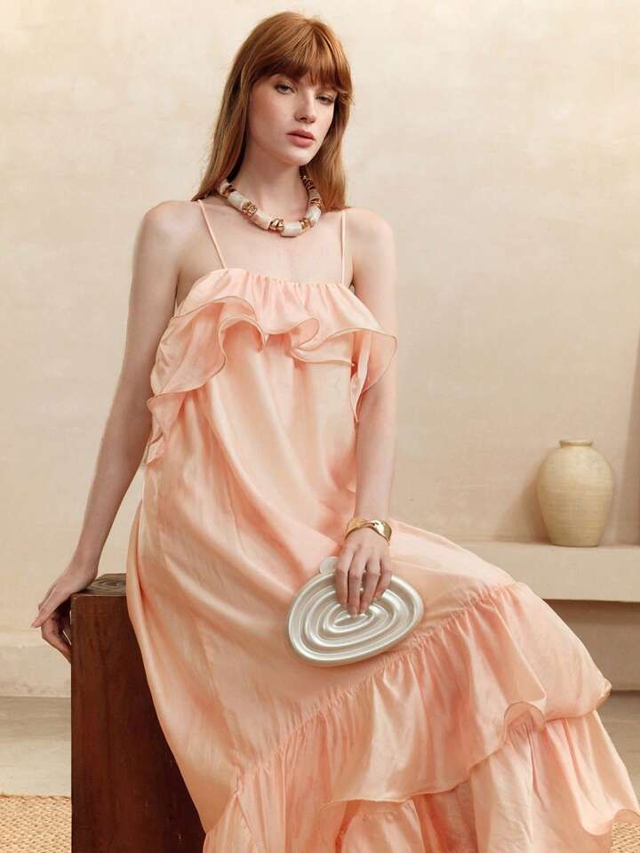 CM-DS766988 Women Trendy Bohemian Styel Oganza Tie-Dye Ombre Off-The-Shoulder Ruffle Hem Camisole Maxi Dress