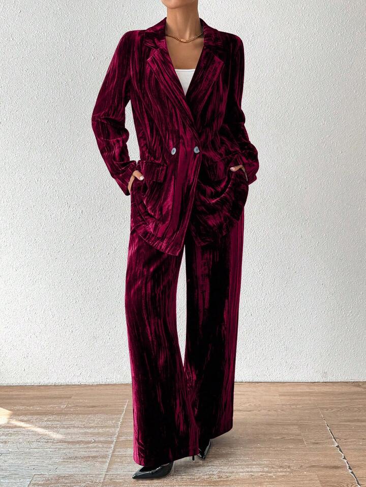 CM-SS022111 Women Elegant Seoul Style Stand Collar Long Sleeve Velvet Jacket With Straight Leg Pants Suit - Burgundy