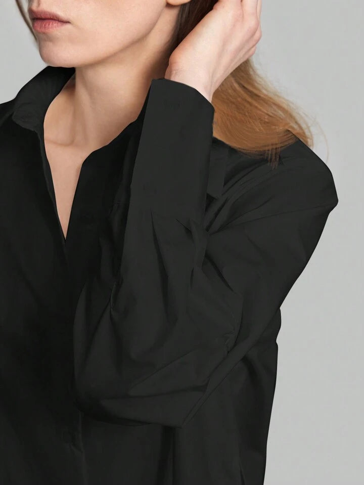 CM-TS855315 Women Casual Seoul Style Shirt Collar Long Sleeve Front Button High Slit Long Shirt - Black