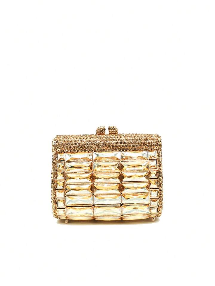 CM-BGS417135 Women Elegant Seoul Style Mini Square Gold Rhinestone Hollow Out Crystal Clutch Bag - Gold