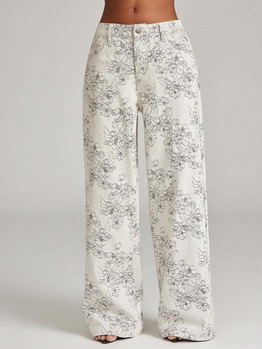 CM-BS532226 Women Casual Seoul Style High Waist Jacquard Floral Print Wide-Leg Jeans
