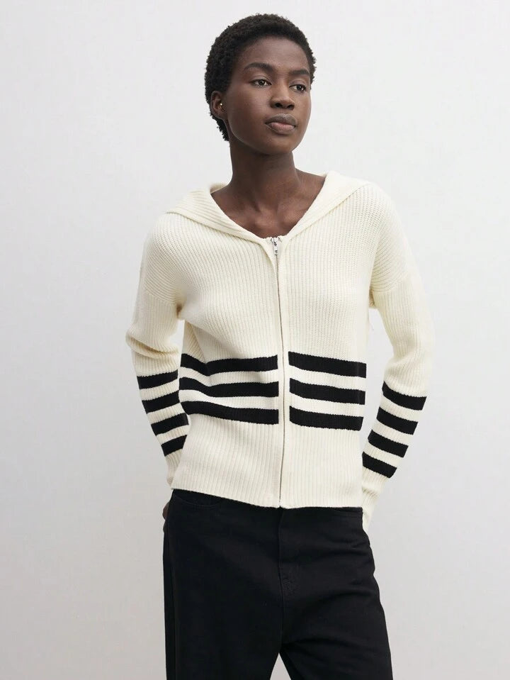 CM-CS055074 Women Casual Seoul Style Sailor Collar Long Sleeve Striped Knit Sweater