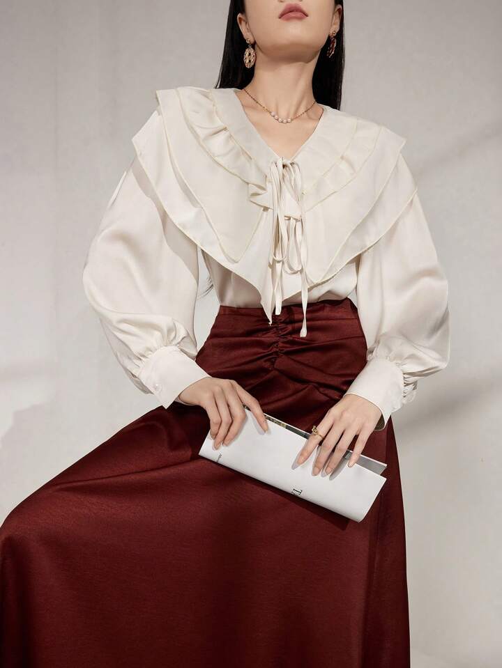 CM-TS880823 Women Elegant Seoul Style Flounce Collar Ruffle Trim Tied Chiffon Blouse - Apricot