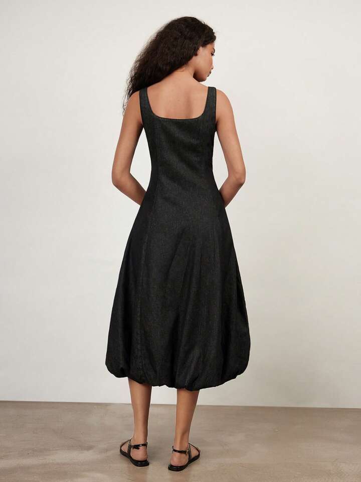 CM-DS652975 Women Casual Seoul Style Square Neck Sleeveless Petal Denim Dress - Black