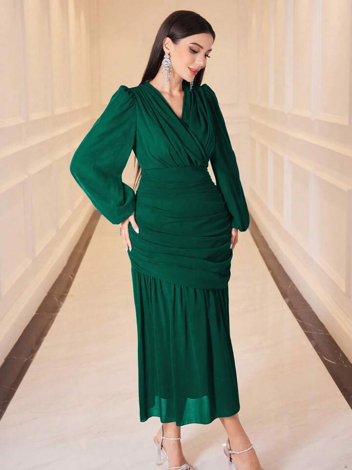 CM-DS555473 Women Elegant Seoul Style V-Neck Lantern Sleeve Pleated Ruffle Hem Dress - Green