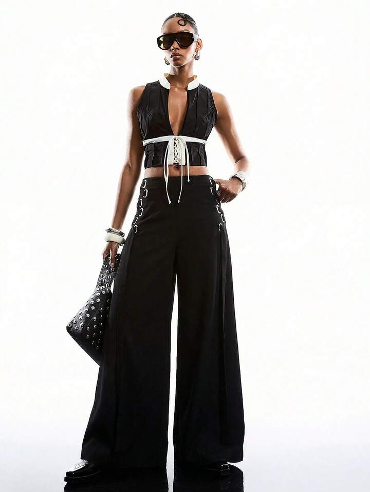 CM-BS550406 Women Casual Seoul Style Solid Color Minimalist Tie-Up Pants Dress Over Pants - Black