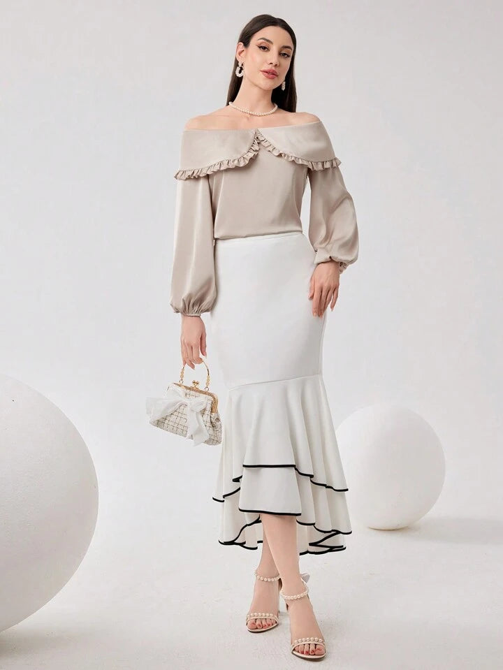 CM-TS399262 Women Elegant Seoul Style Off the Shoulder Long Sleeve Blouse - Apricot