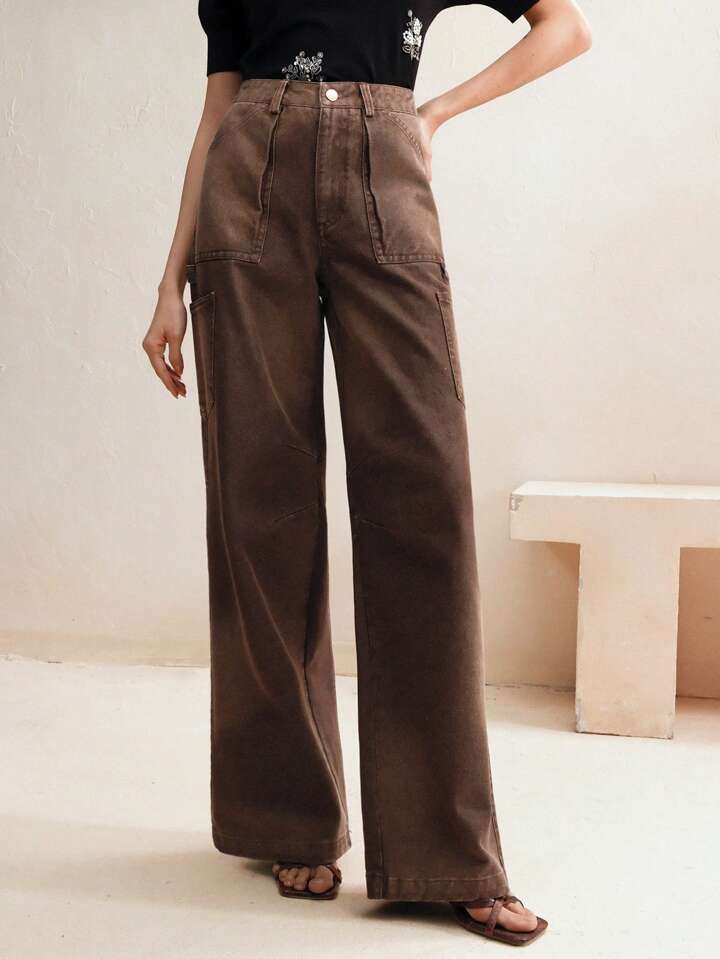 CM-BS448646 Women Casual Seoul Style Zipper Fly Loose Straight Leg Jeans - Coffee Brown
