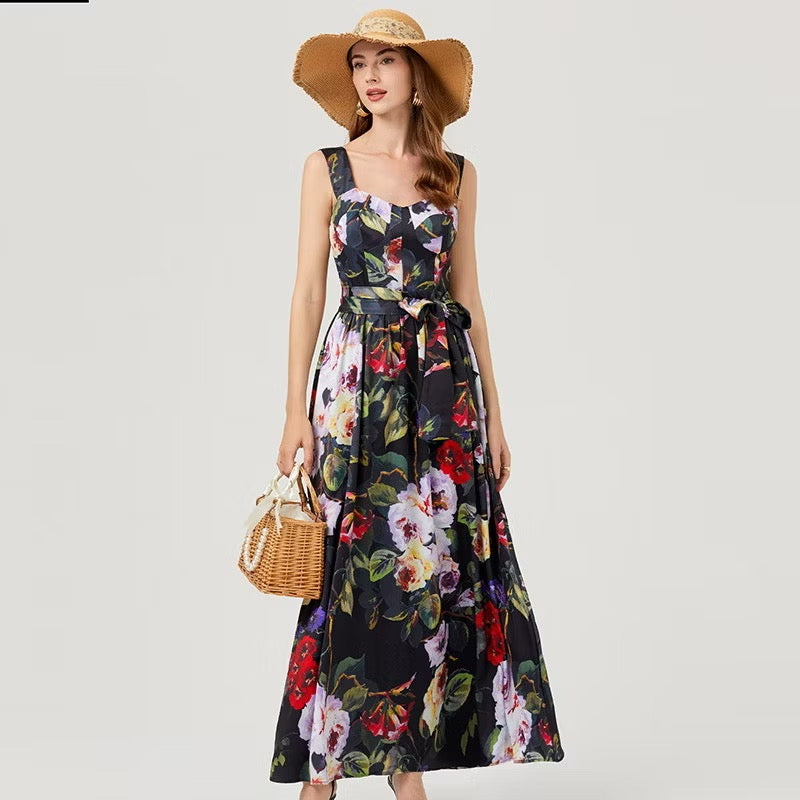 CM-DY007761 Women Casual European Style Floral Prnts Square Neck Sleeveless High Waist Slim Maxi Dress (Available in 2 colors)