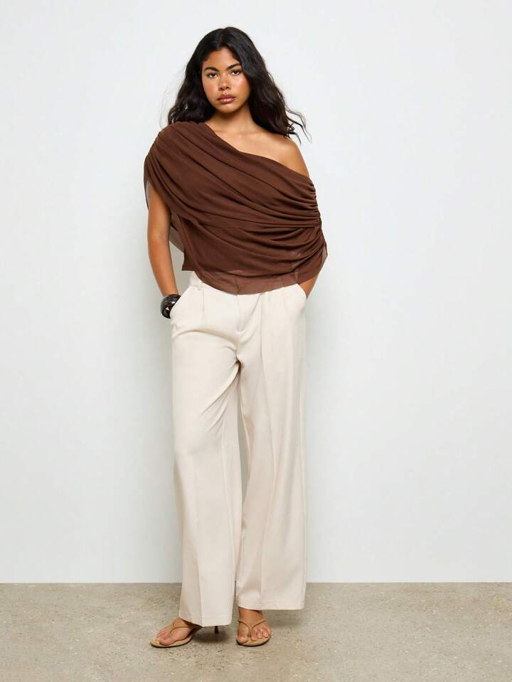 CM-TS305688 Women Elegant Seoul Style Off Shoulder Ruched Draped Long Sleeve Blouse - Brown