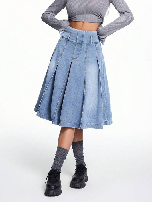 CM-BS494844 Women Casual Seoul Style Mid Waist Knee Length Denim A-Line Pleated Skirt - Blue