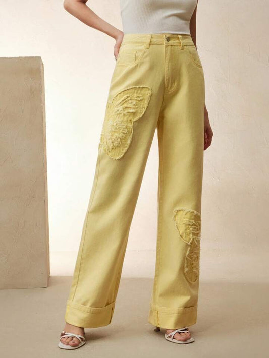 CM-BS227651 Women Casual Seoul Style Mid Waist Embroidered Straight Leg Jeans - Yellow