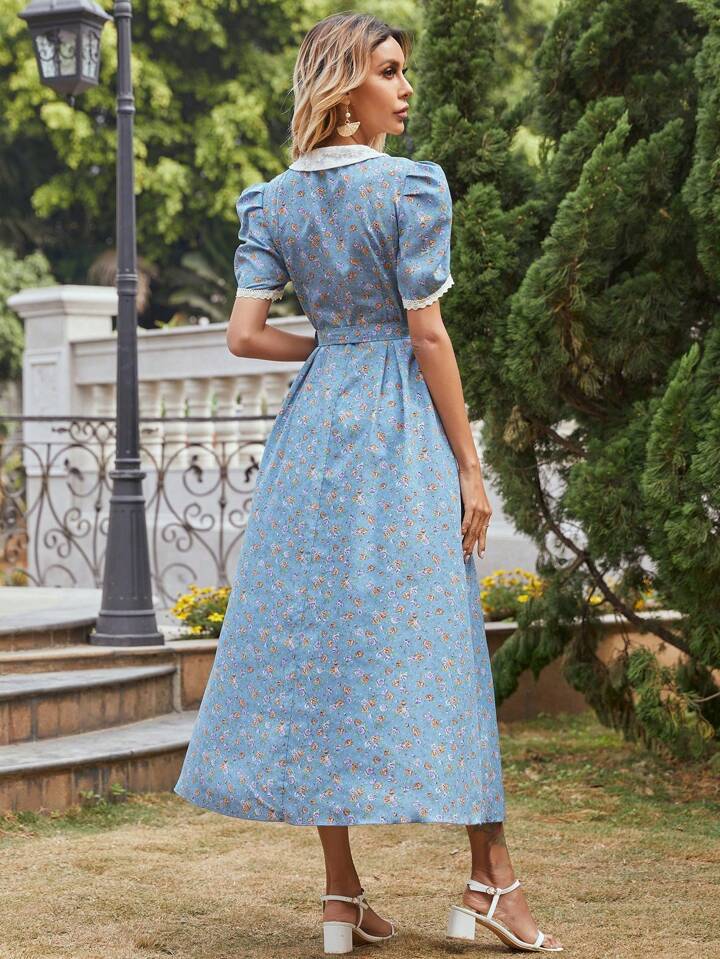 CM-DS111938 Women Trendy Bohemian Style Mesh Doll Collar Floral Embroidery Bubble Sleeve Dress