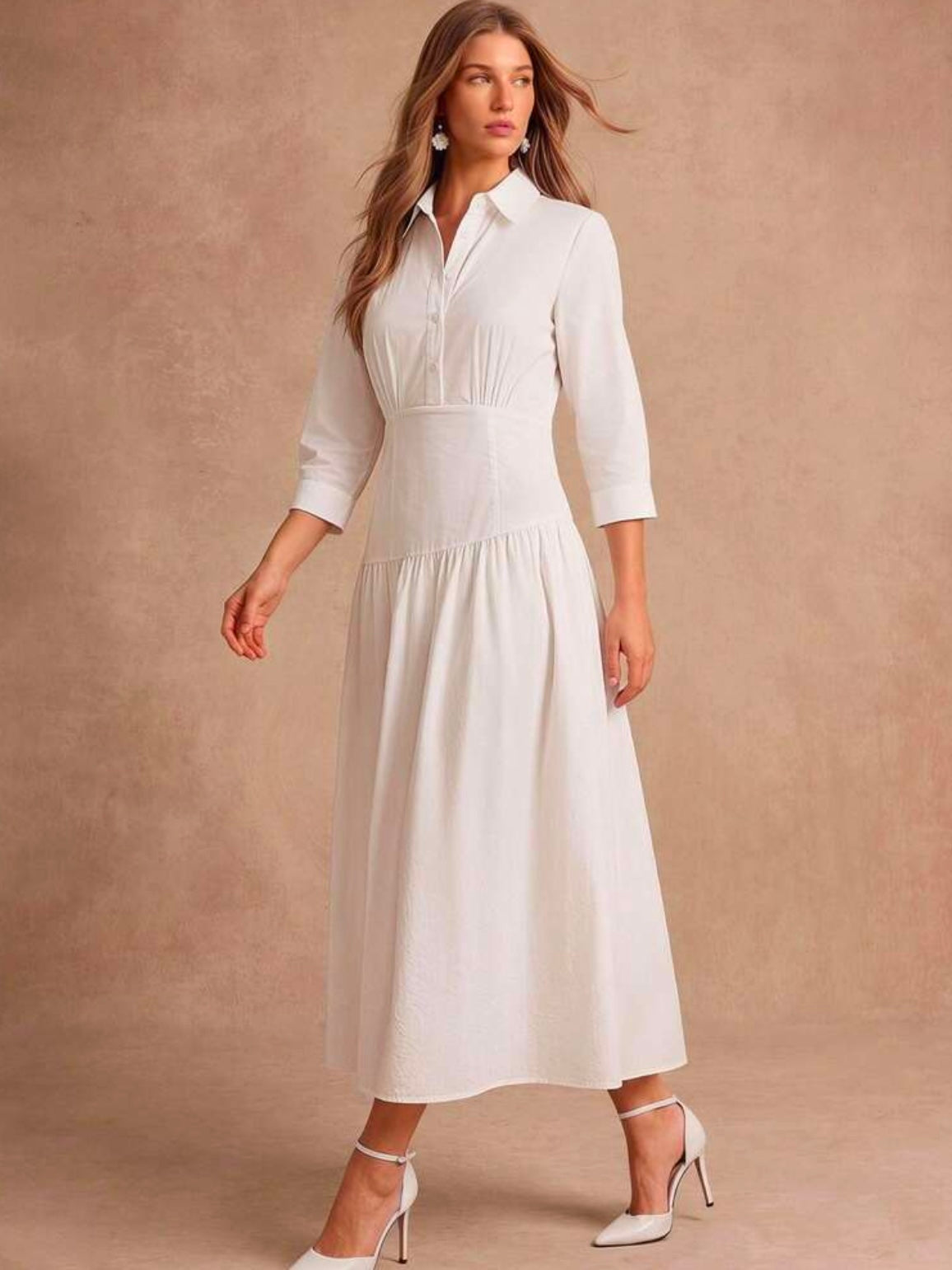 CM-DS246517 Women Elegant Seoul Style Collar Neckline 3/4 Sleeve Pleated Cinched Waist Dress - White