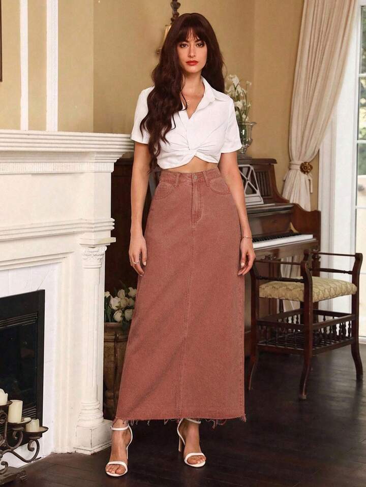CM-BS539705 Women Elegant Seoul Style High Waisted Pocketed Frayed Hem Denim Skirt - Coffee Brown