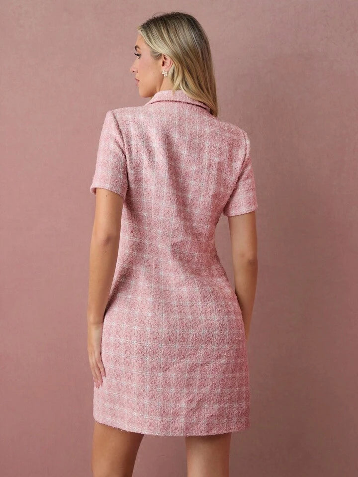 CM-DS211203 Women Elegant Seoul Style Tweed Button Front Collar Neckline Short Sleeves Mini Dress - Pink