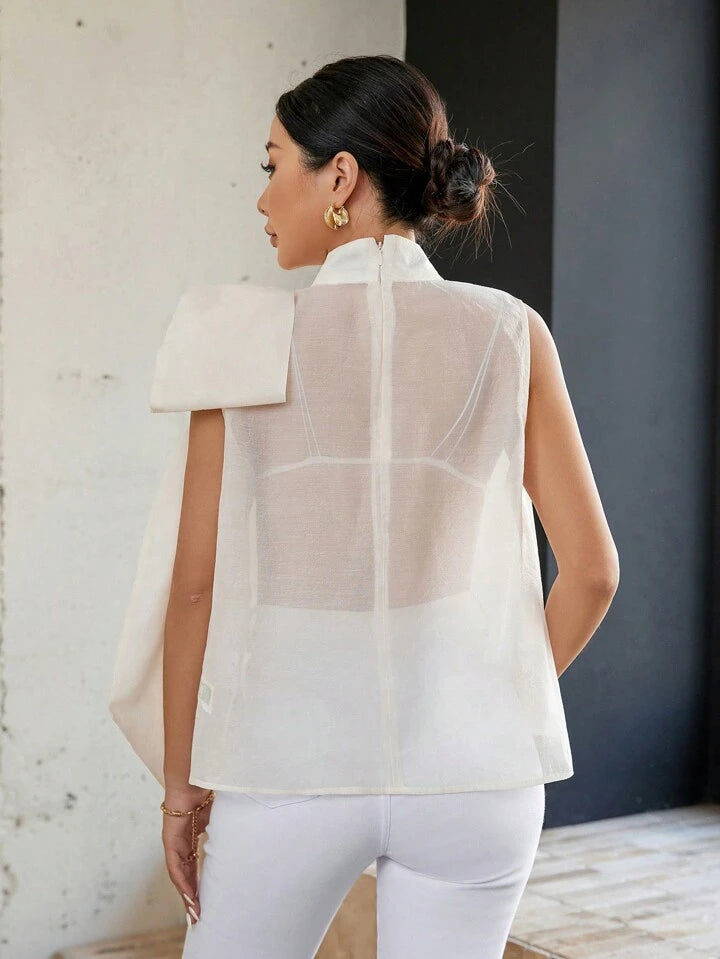 CM-TS509959 Women Casual Seoul Style Stand Collar Tie Front Sleeveless Shirt - Beige