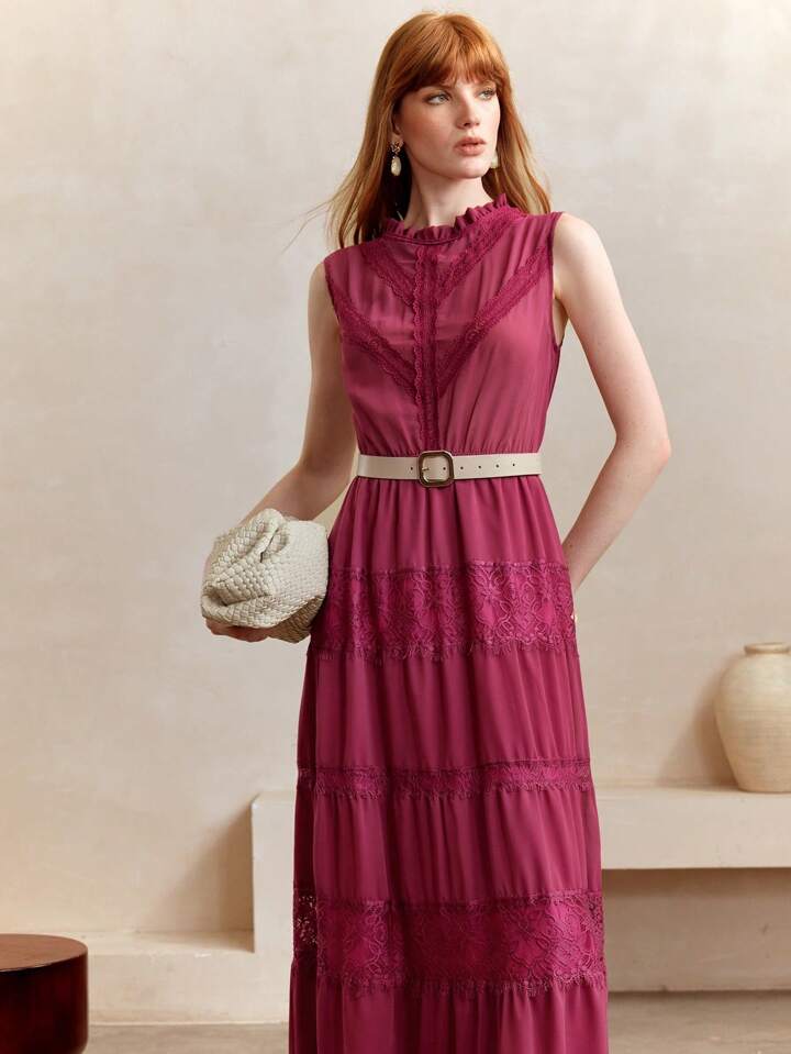 CM-DS601449 Women Trendy Bohemian Style Solid Color Patchwork Stand Collar Sleeveless Dress - Red Violet