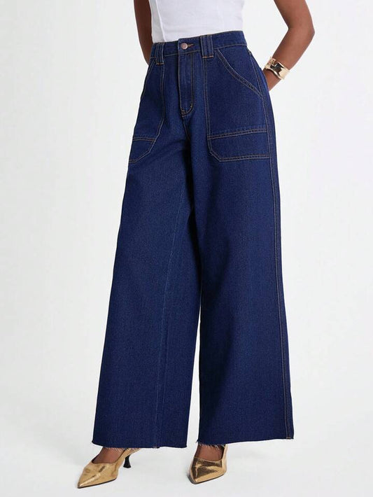 CM-BS290295 Women Casual Seoul Style Dark Wash High Waist Baggy Pocket Wide Leg Jeans