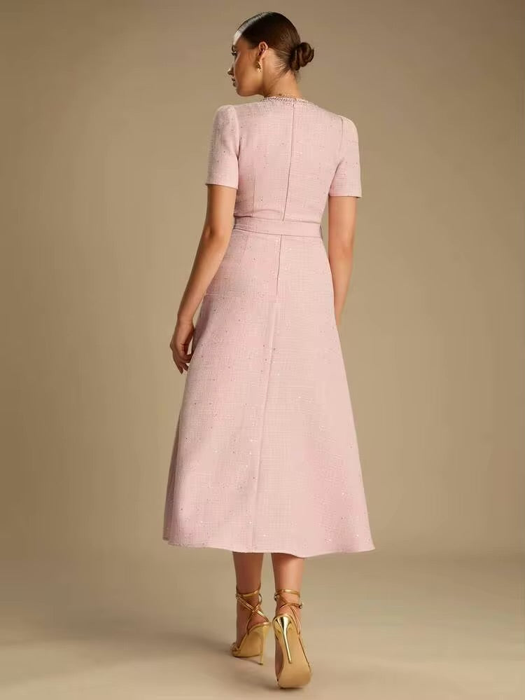 CM-DS427774 Women Elegant Seoul Style V-Neck Short Sleeve Sequin Decoration Belted A-Line Dress - Pink