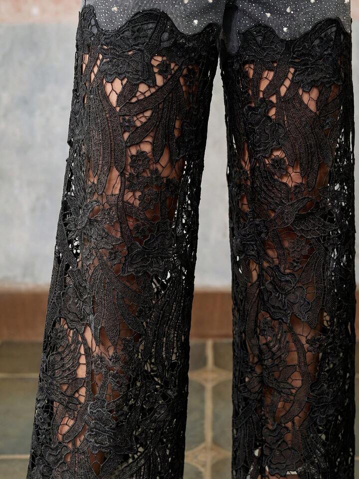 CM-BS979972 Women Elegant Seoul Style Mid Waist Lace Rhinestone Straight Leg Pants - Black