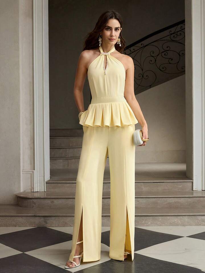 CM-JS319891 Women Elegant Seoul Style Beaded Halter Neckline Sleeveless Wide Leg Jumpsuit - Light Yellow